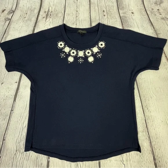 J. CREW navy blue cotton embellished short sleeve sweatshirt top, size M - Picture 7 of 12